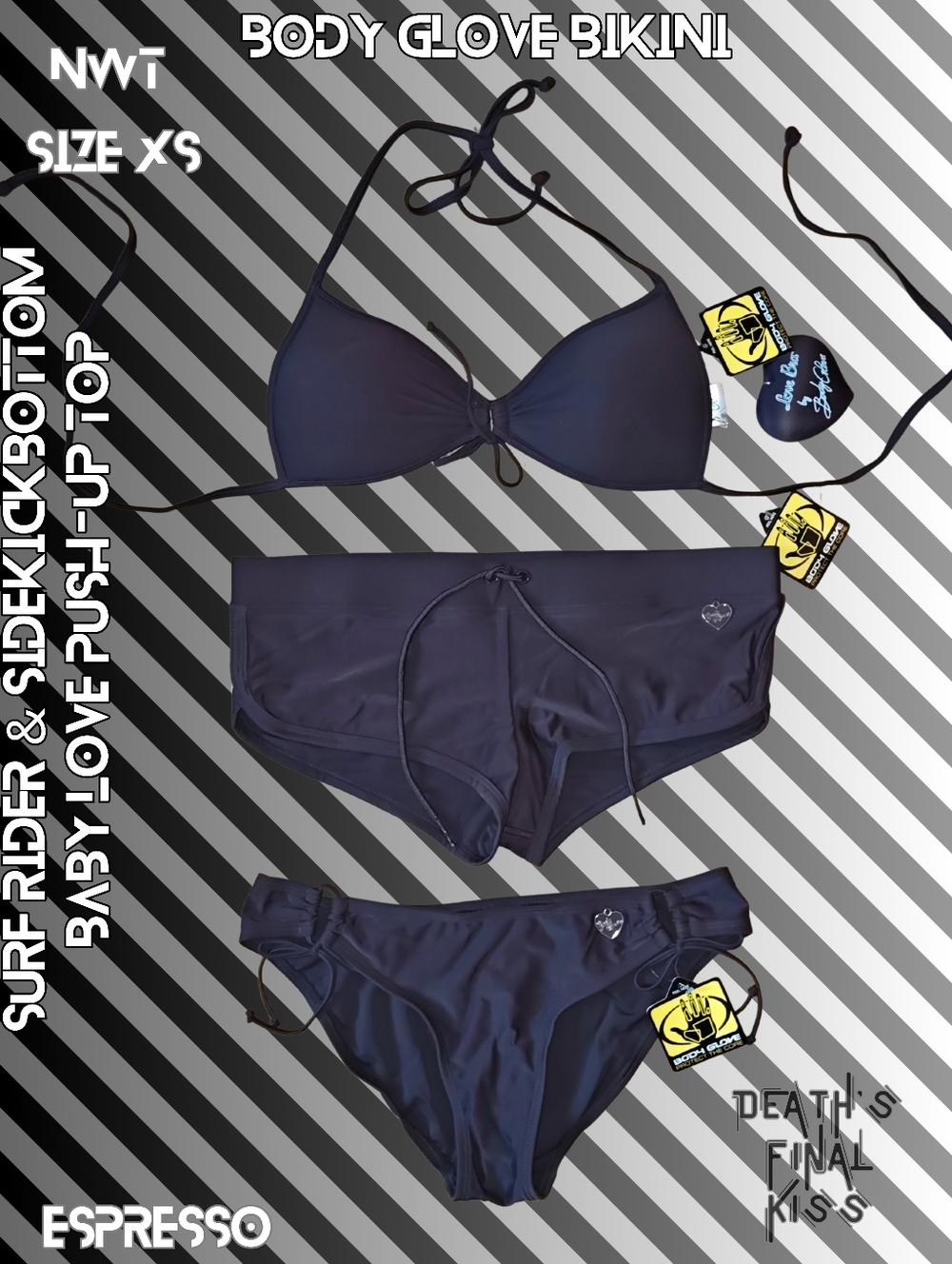 Body Glove Espresso Brown Push-up Bikini Baby Love Sidekick Shorts Surf Rider XS